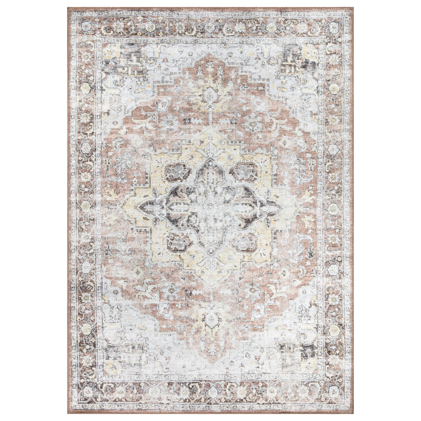 Ionia IO-48 Washable Non-Slip Traditional Medallion Blush/Beige Area Rug