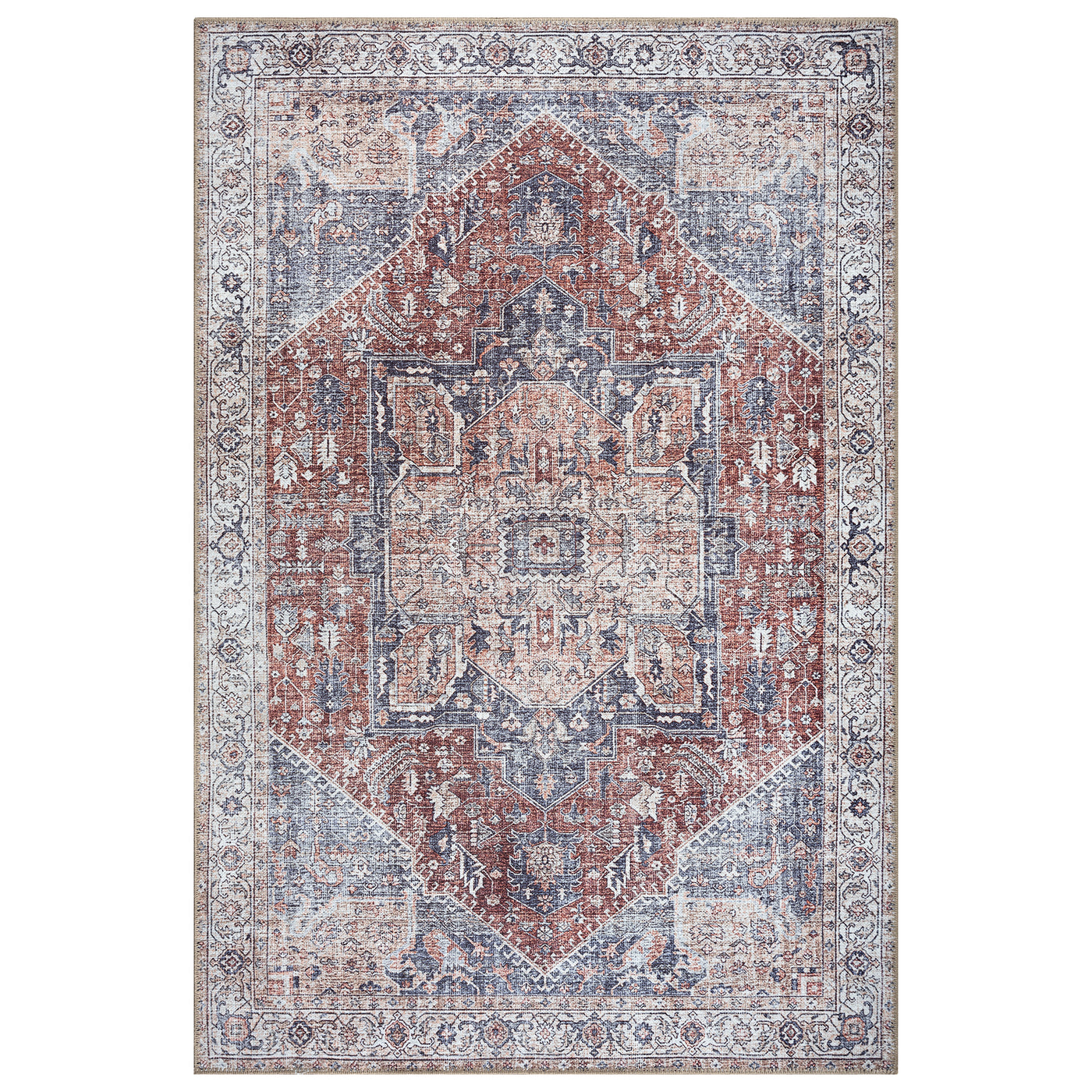 Ionia IO-59 Traditional Medallion Red and Blue Washable Rug | Non-Slip
