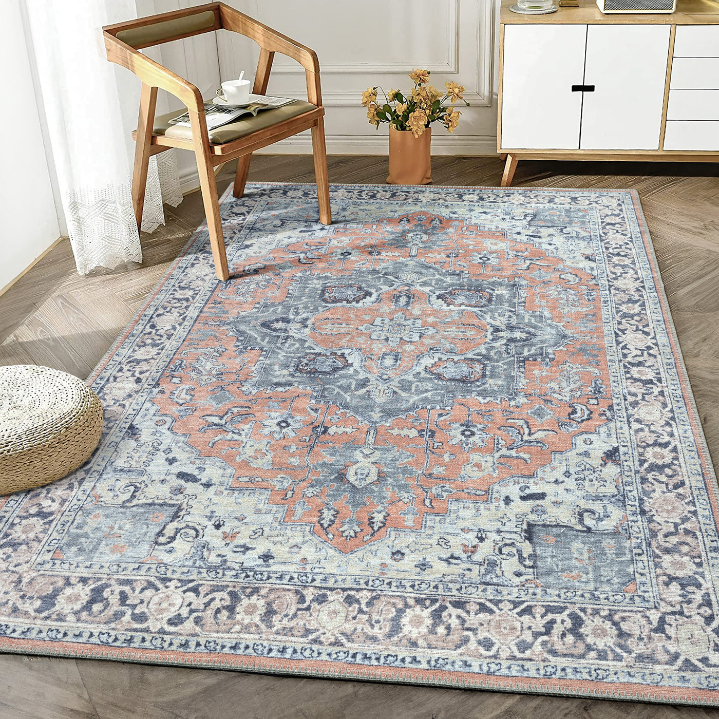 Ionia IO-14 Traditional Medallion Coral and Blue Washable Rug | Non-Slip