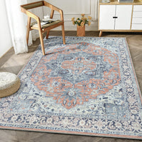 Ionia IO-14 Traditional Medallion Coral and Blue Washable Rug | Non-Slip