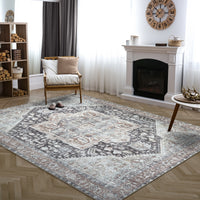 Ionia IO-59 Traditional Medallion Charcoal and Brown Washable Rug | Non-Slip