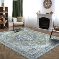 Ionia IO-14 Traditional Medallion Green Washable Rug | Non-Slip