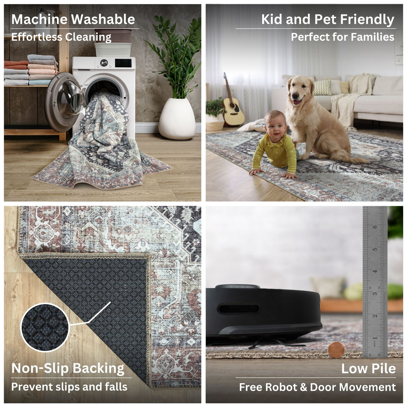 Ionia IO-59 Traditional Medallion Charcoal and Brown Washable Rug | Non-Slip