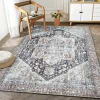 Ionia IO-59 Traditional Medallion Charcoal and Brown Washable Rug | Non-Slip
