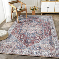 Ionia IO-59 Traditional Medallion Red and Blue Washable Rug | Non-Slip