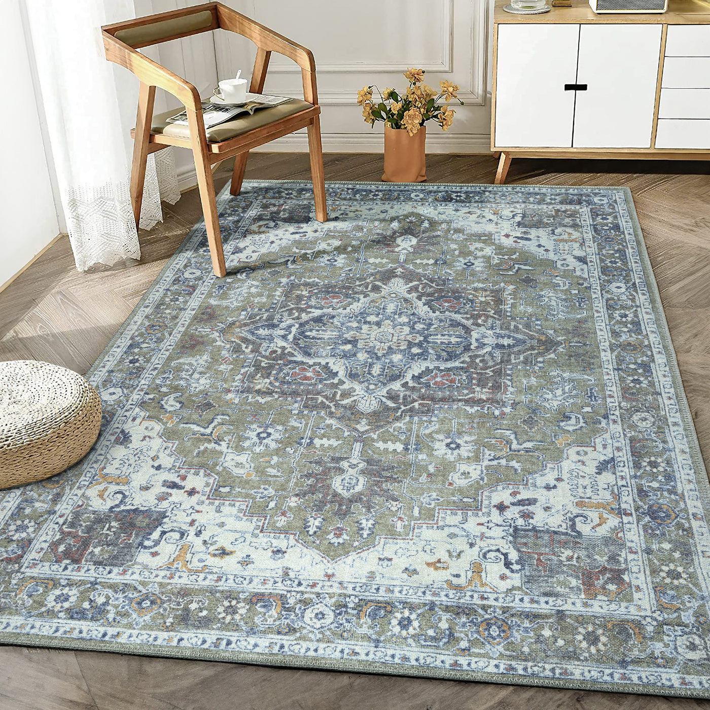 Ionia IO-14 Traditional Medallion Green Washable Rug | Non-Slip