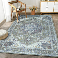 Ionia IO-14 Traditional Medallion Green Washable Rug | Non-Slip