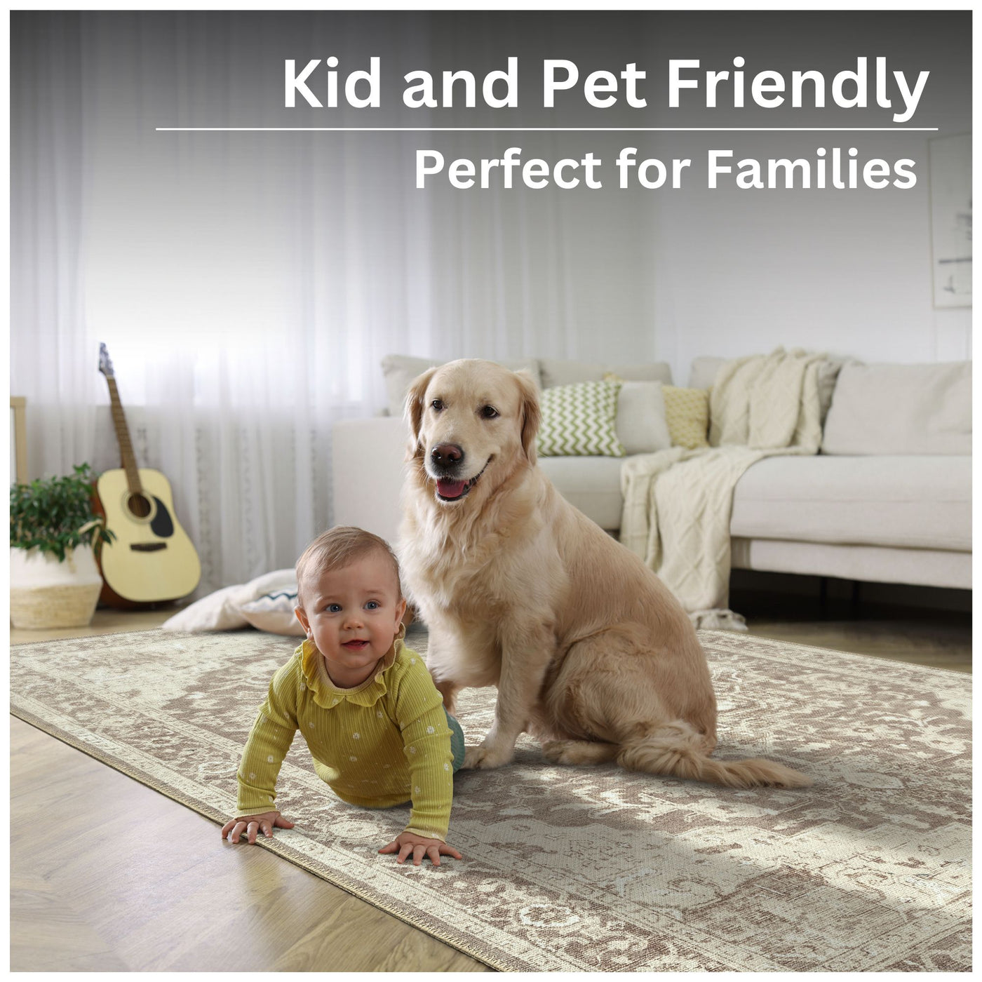 Ionia IO-14 Traditional Medallion Light Brown Washable Rug | Non-Slip