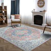 Ionia IO-14 Traditional Medallion Coral and Blue Washable Rug | Non-Slip