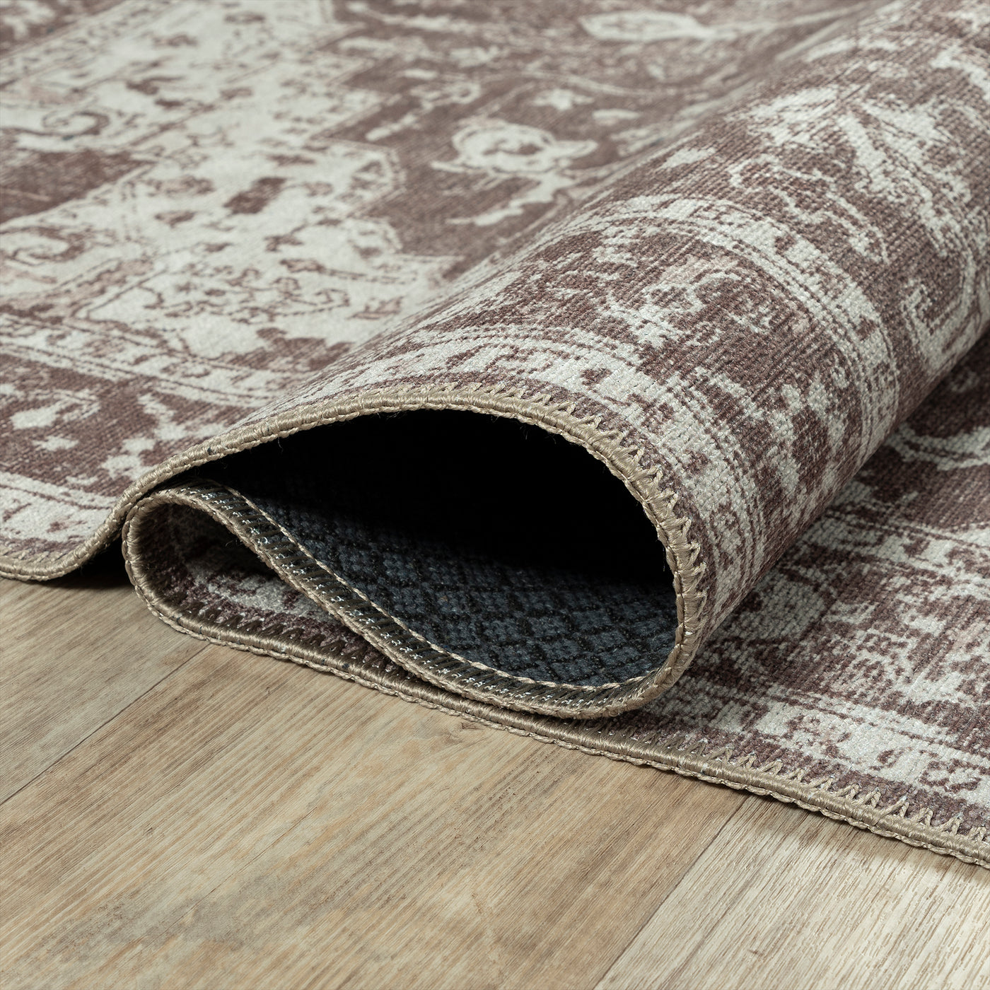 Ionia IO-14 Traditional Medallion Dark Brown Washable Rug | Non-Slip
