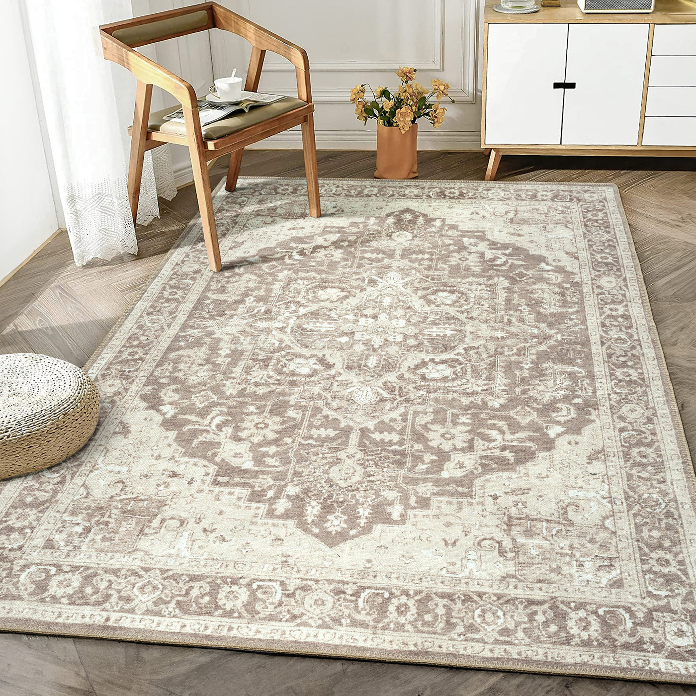 Ionia IO-14 Traditional Medallion Light Brown Washable Rug | Non-Slip