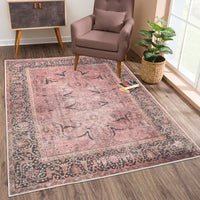 Ionia IO-49 Washable Non-Slip Traditional Bordered Soft Pink Area Rug