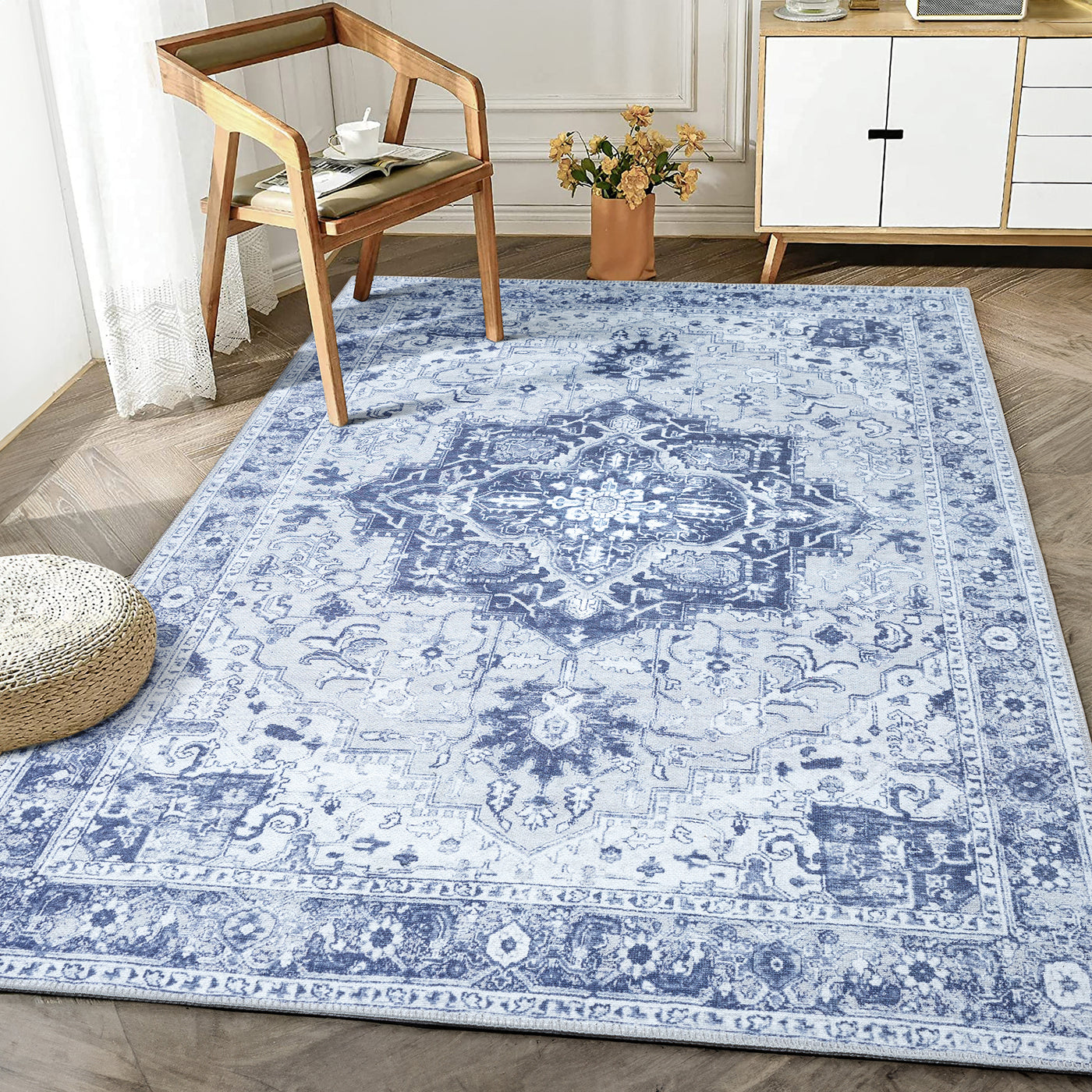 Ionia IO-14 Traditional Medallion Blue and Grey Washable Rug | Non-Slip