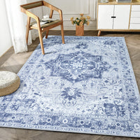 Ionia IO-14 Traditional Medallion Blue and Grey Washable Rug | Non-Slip