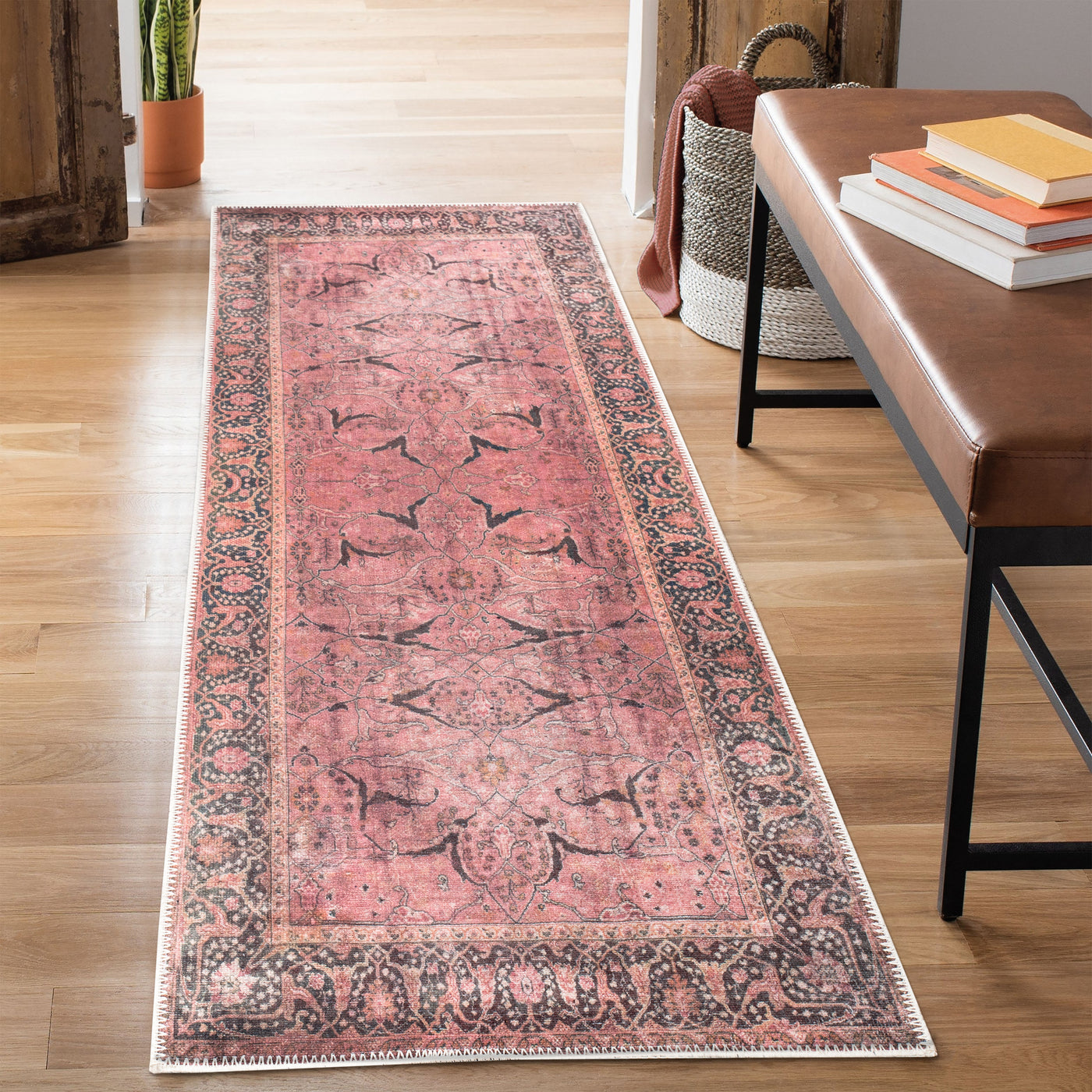 Ionia IO-49 Washable Non-Slip Traditional Bordered Soft Pink Area Rug