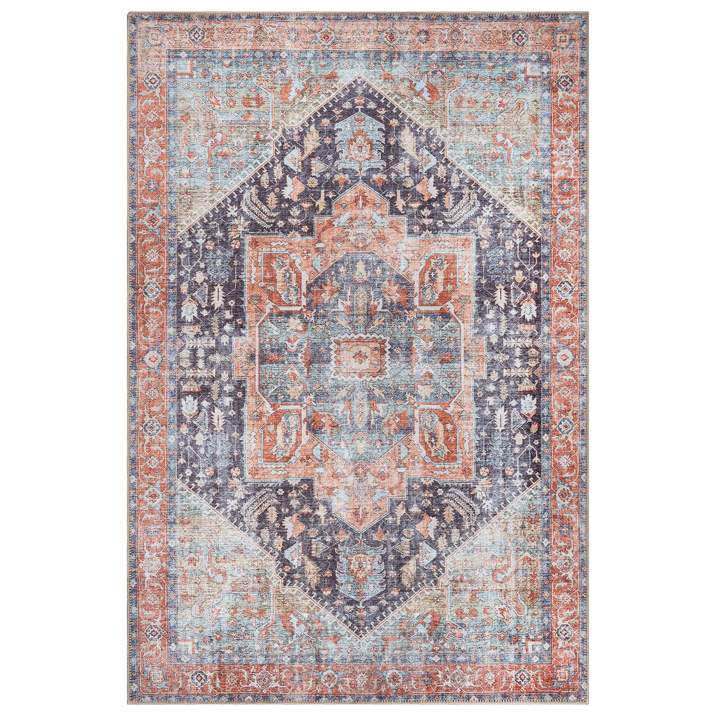 Ionia IO-59 Traditional Medallion Multicolor Washable Rug | Non-Slip