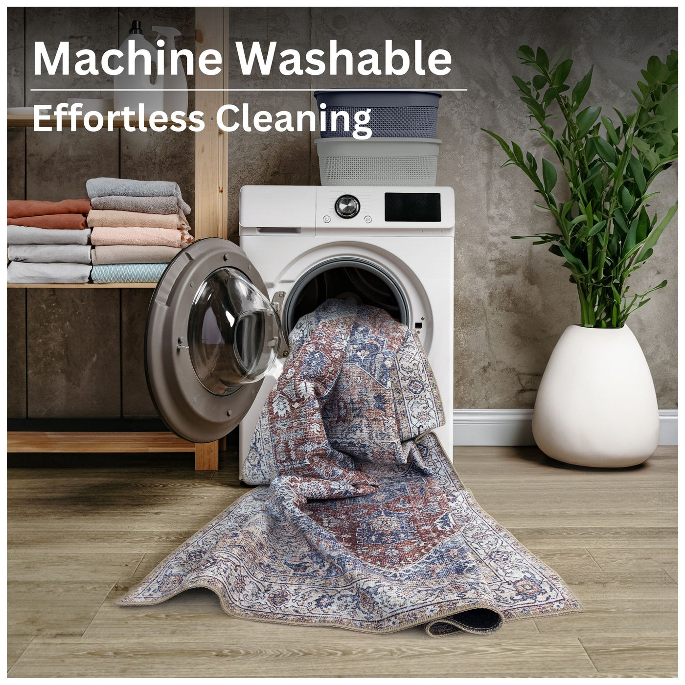Ionia IO-59 Traditional Medallion Red and Blue Washable Rug | Non-Slip