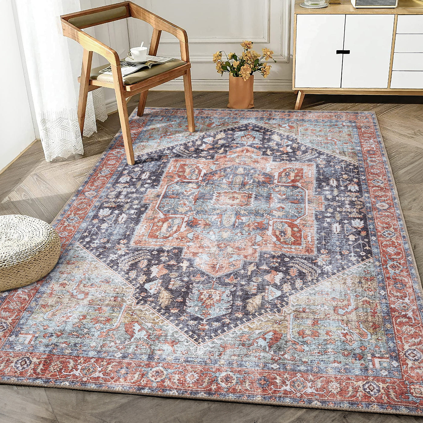 Ionia IO-59 Traditional Medallion Multicolor Washable Rug | Non-Slip
