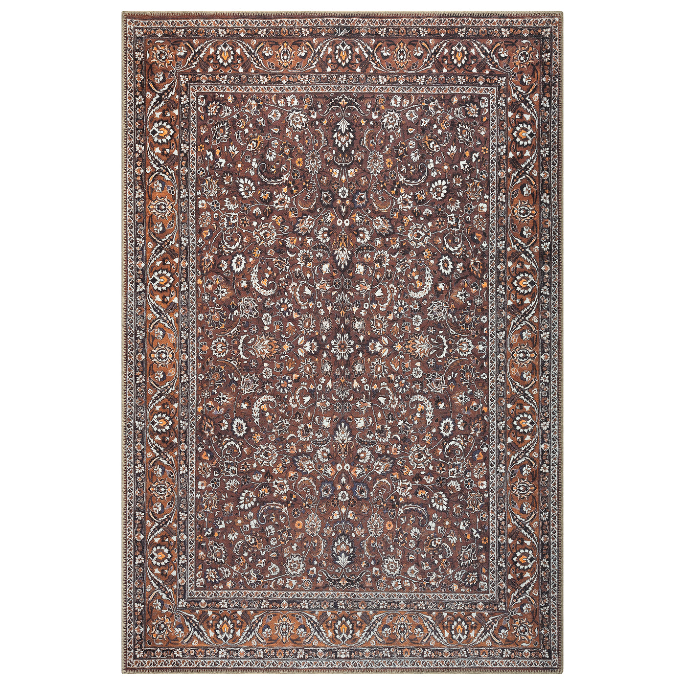 Ionia IO-63 Traditional Bordered Dark Brown and Orange Rug
