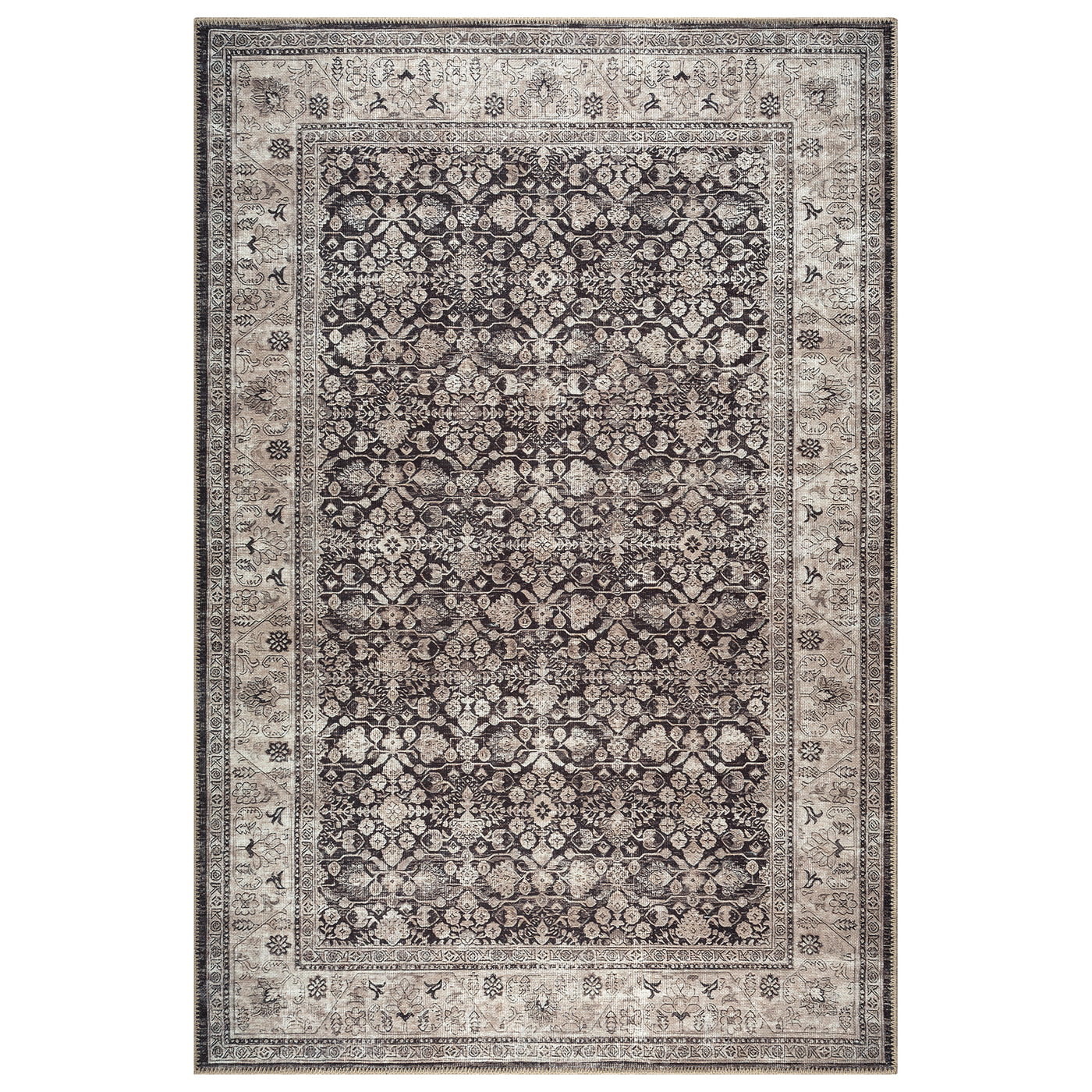 Ionia IO-61 Traditional Bordered Charcoal and Beige Rug