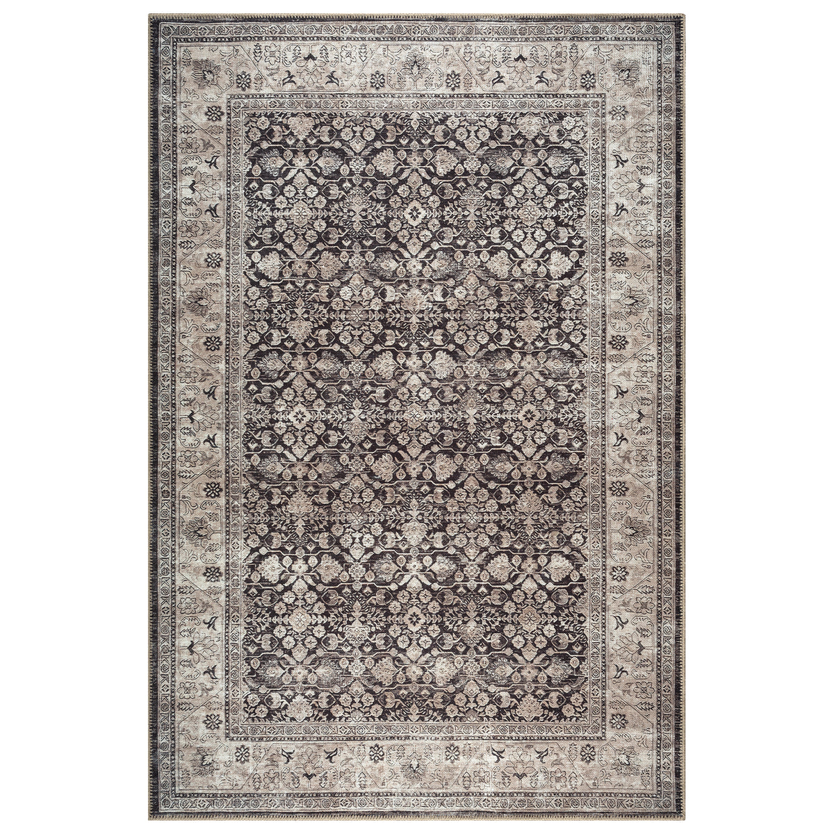 Traditional Bordered Charcoal and Beige Rug – Bloom Rugs