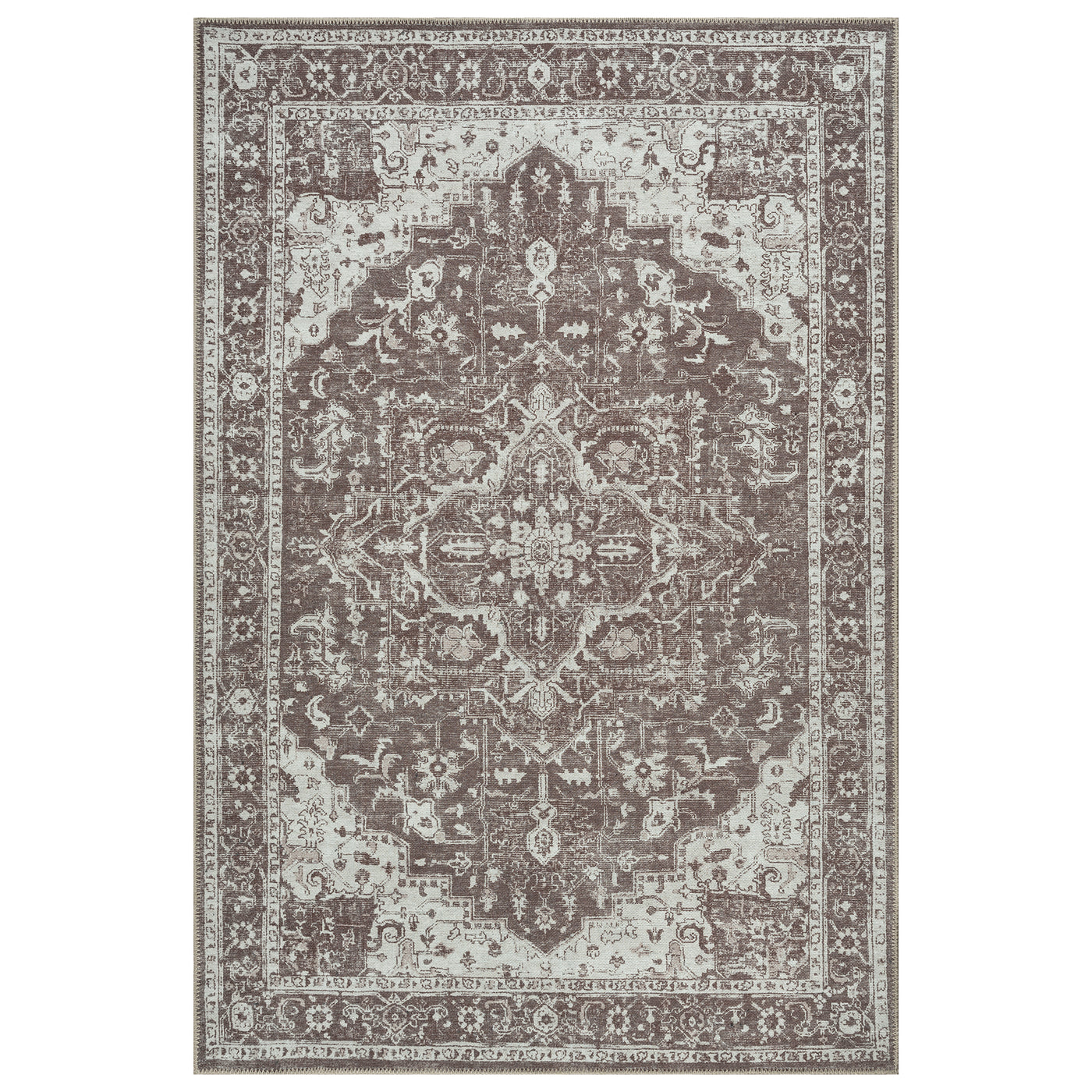 Ionia IO-14 Traditional Medallion Dark Brown Washable Rug | Non-Slip