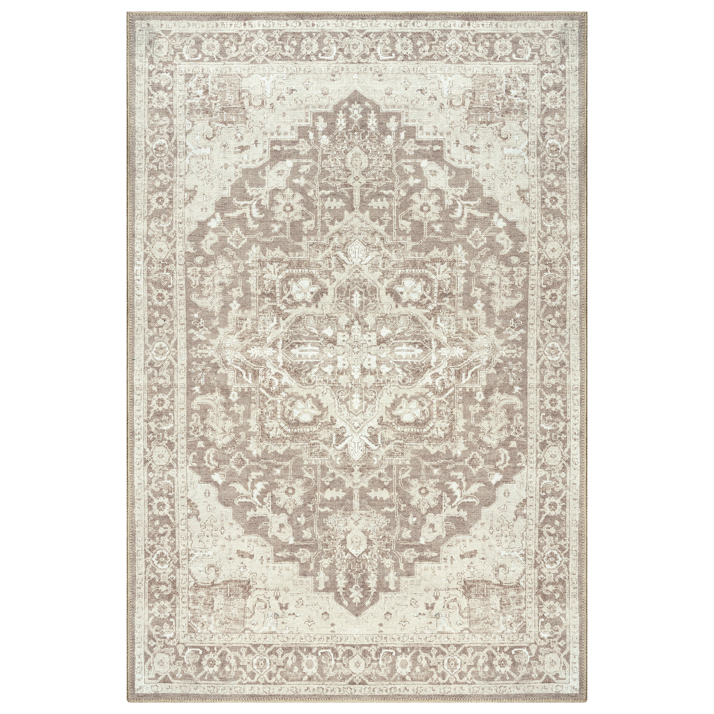 Ionia IO-14 Traditional Medallion Light Brown Washable Rug | Non-Slip