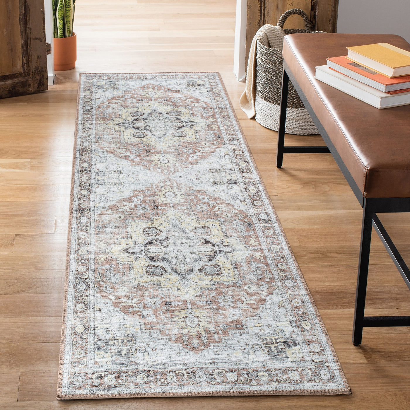 Ionia IO-48 Washable Non-Slip Traditional Medallion Blush/Beige Area Rug