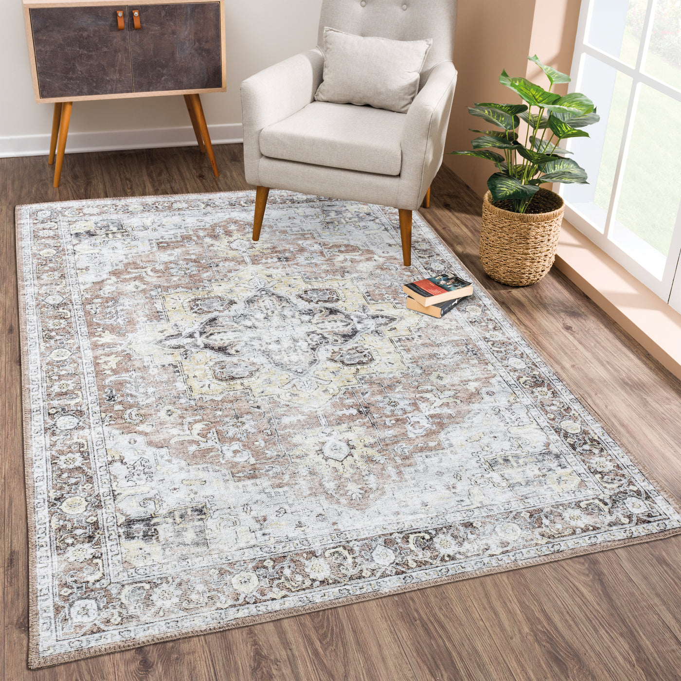 Ionia IO-48 Washable Non-Slip Traditional Medallion Blush/Beige Area Rug