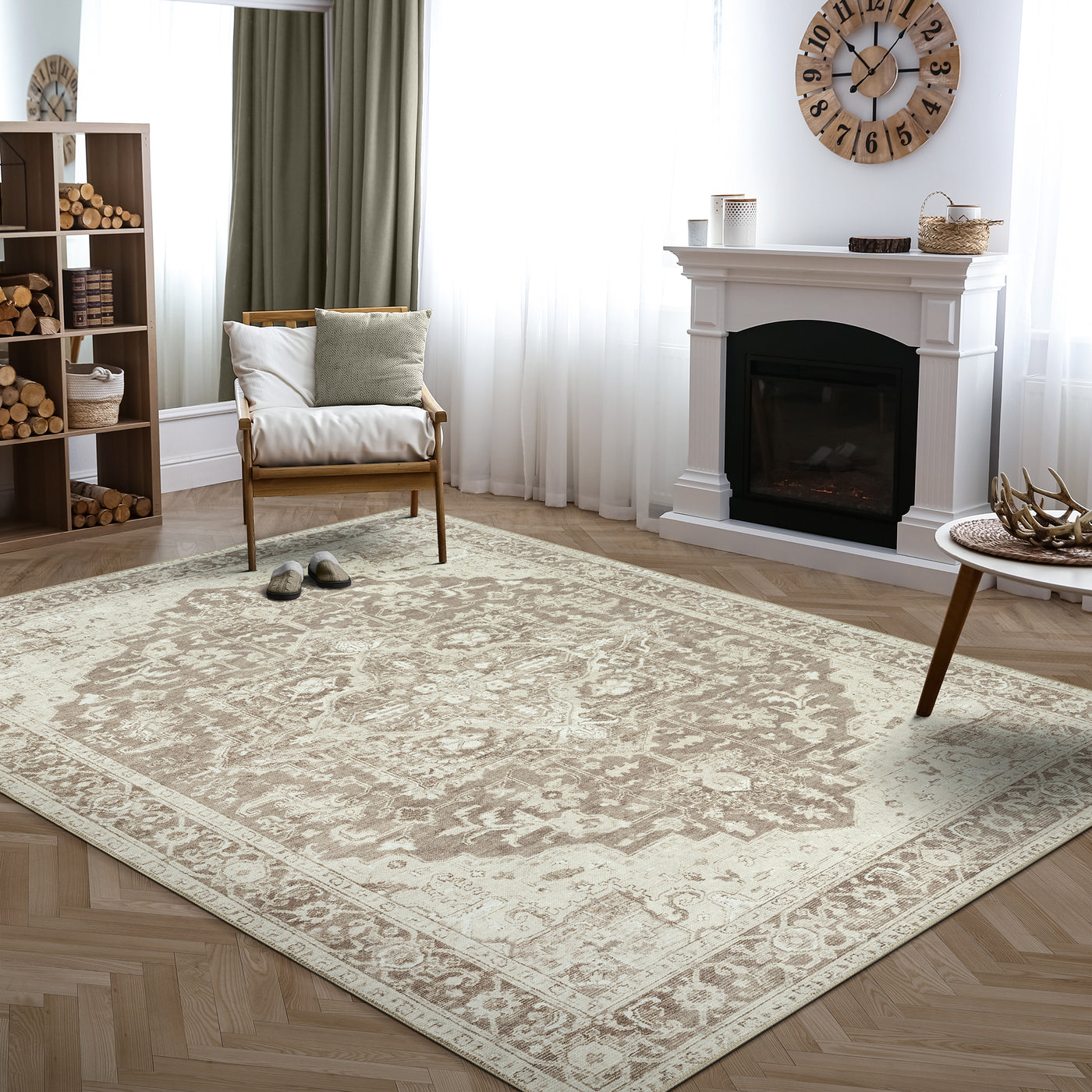 Ionia IO-14 Traditional Medallion Light Brown Washable Rug | Non-Slip
