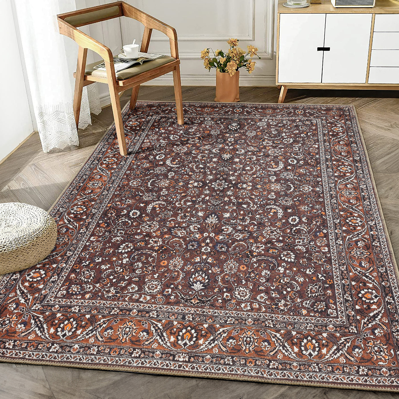 Ionia IO-63 Traditional Bordered Dark Brown and Orange Rug