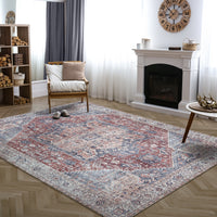 Ionia IO-59 Traditional Medallion Red and Blue Washable Rug | Non-Slip