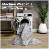 Ionia IO-14 Traditional Medallion Coral and Blue Washable Rug | Non-Slip