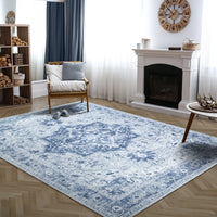 Ionia IO-14 Traditional Medallion Blue and Grey Washable Rug | Non-Slip