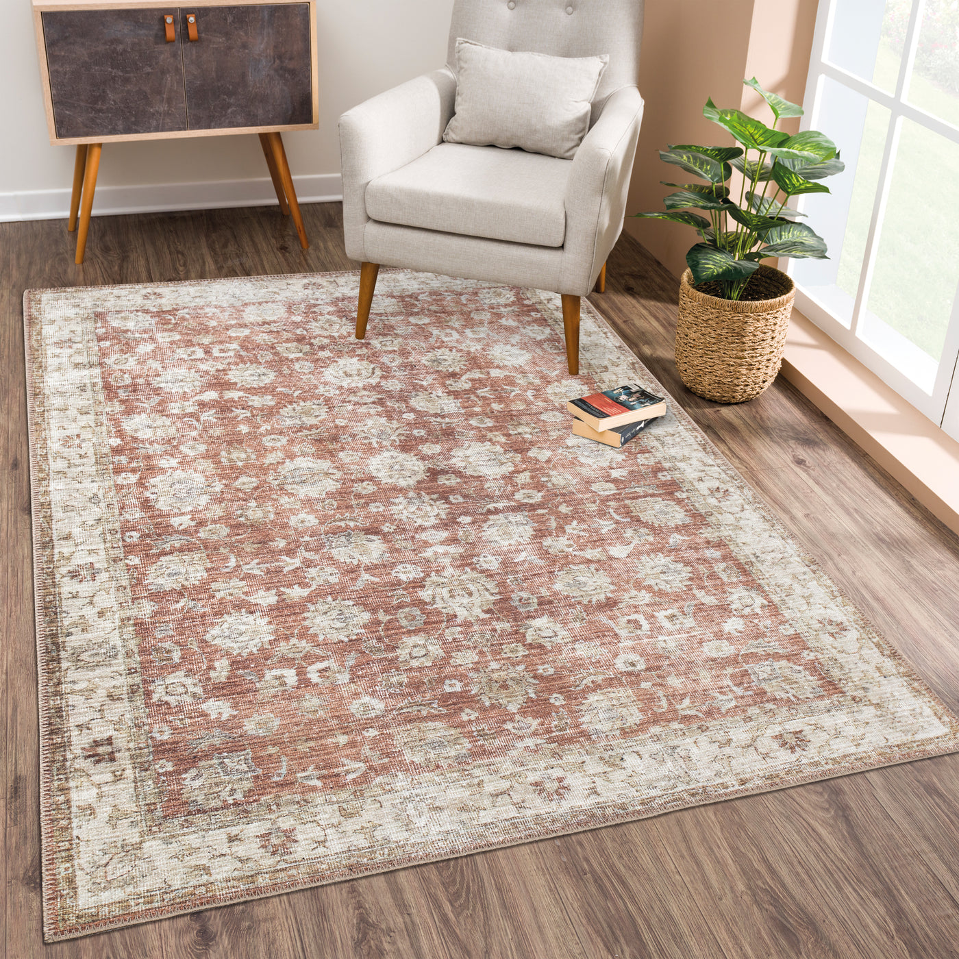 Ionia IO-46 Washable Non-Slip Traditional Bordered Orange/Beige Area Rug