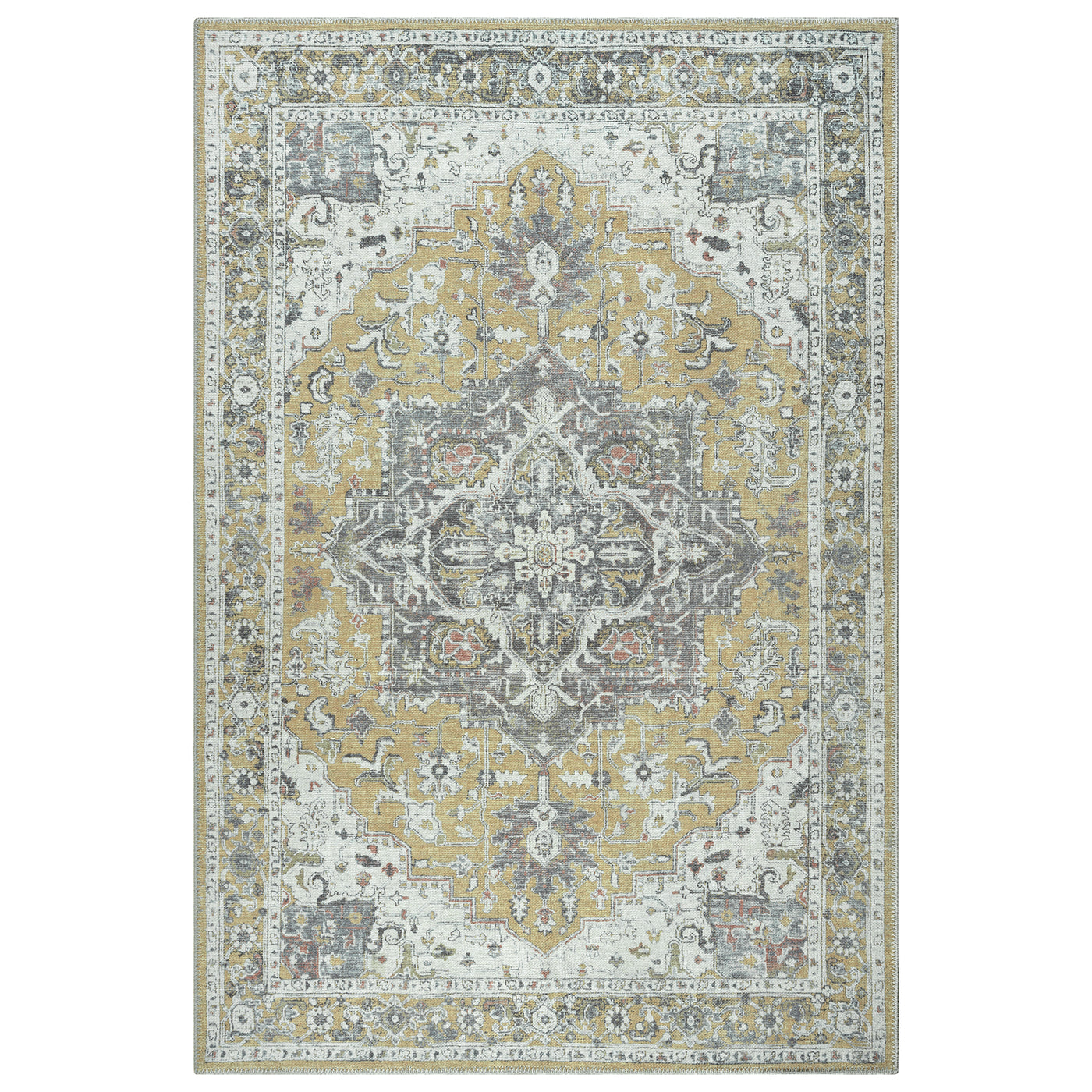 Ionia IO-14 Traditional Medallion Yellow Washable Rug | Non-Slip