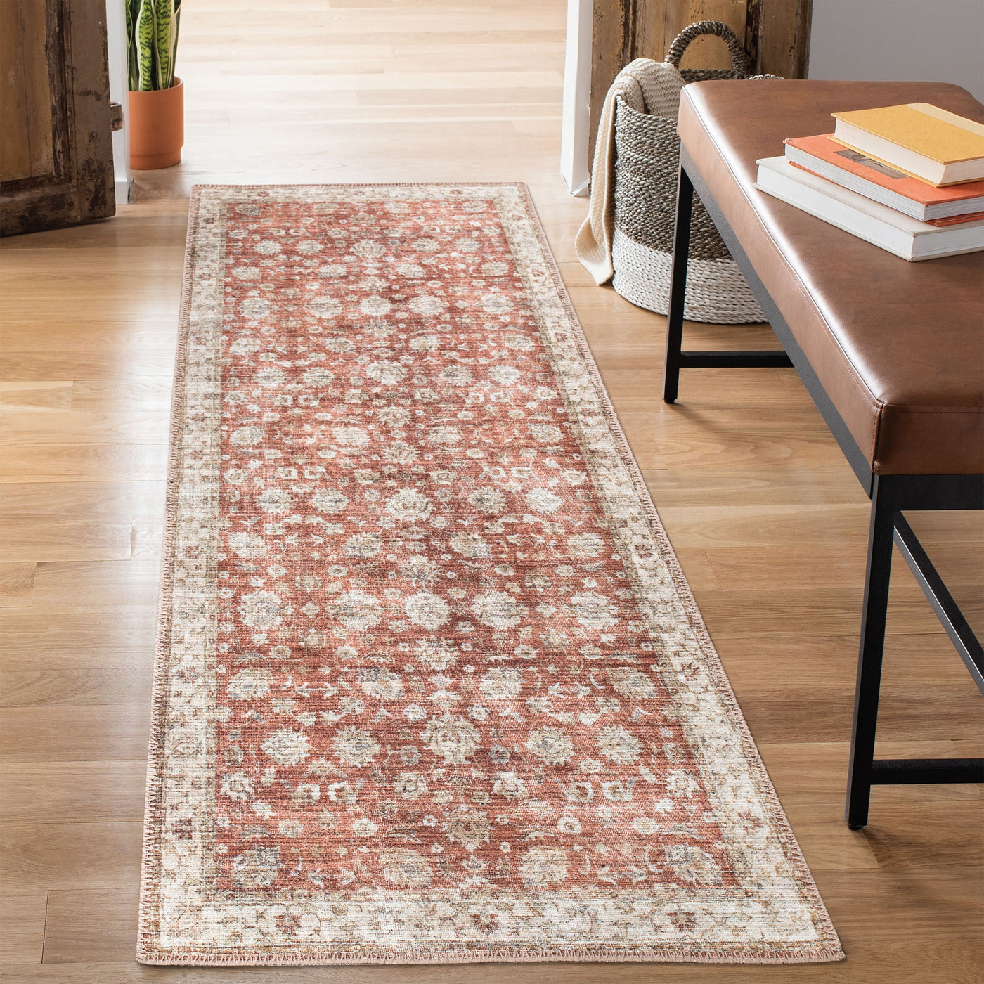 Ionia IO-46 Washable Non-Slip Traditional Bordered Orange/Beige Area Rug