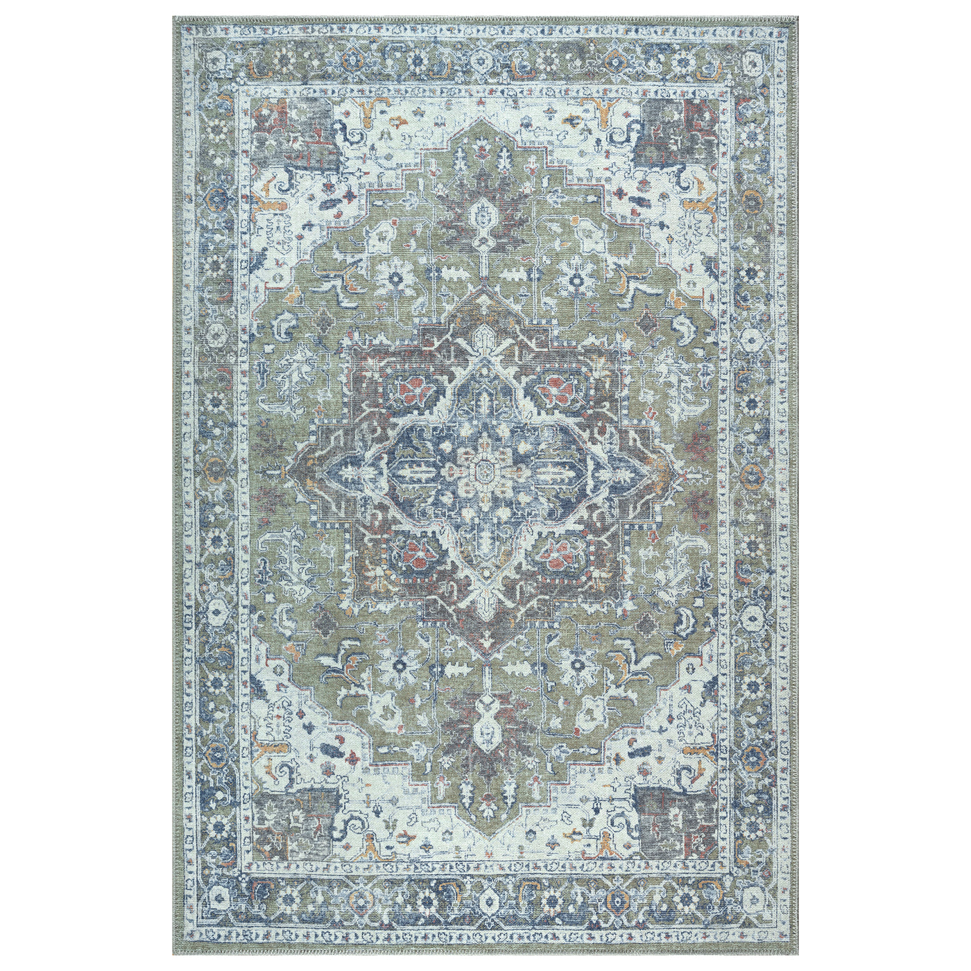 Ionia IO-14 Traditional Medallion Green Washable Rug | Non-Slip