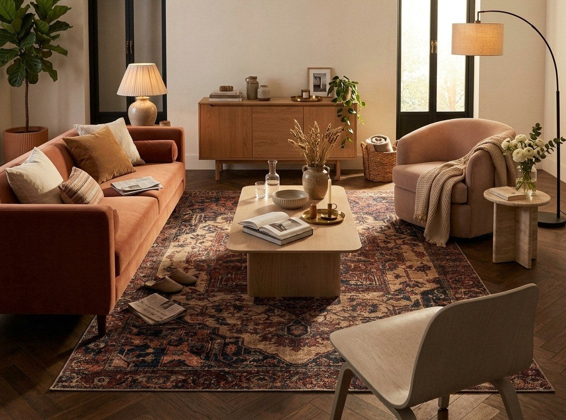 Living room styled with the Elena washable Persian rug