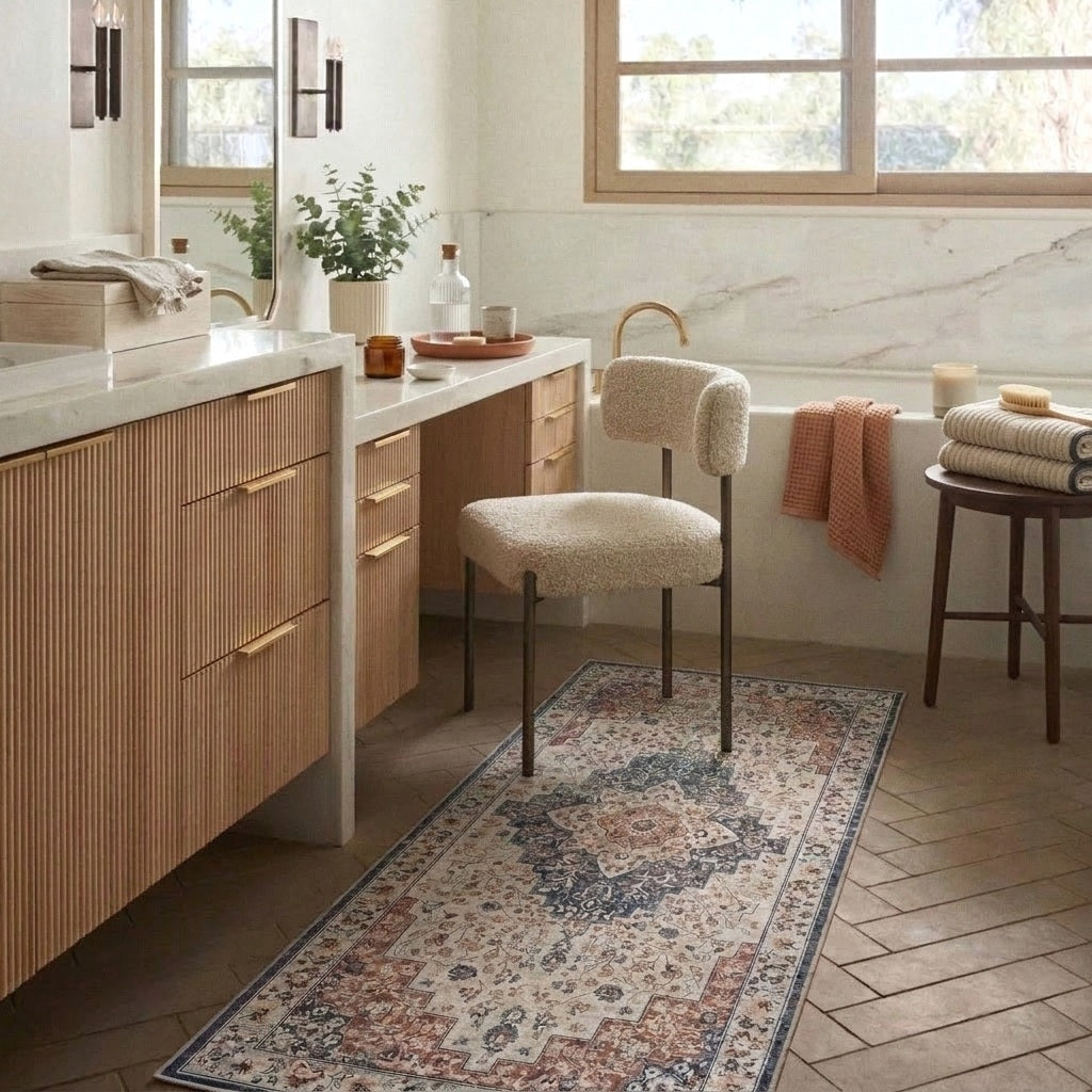 Bathroom styled with a washable rug