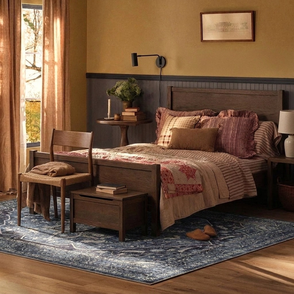 Bedroom styled with a washable rug