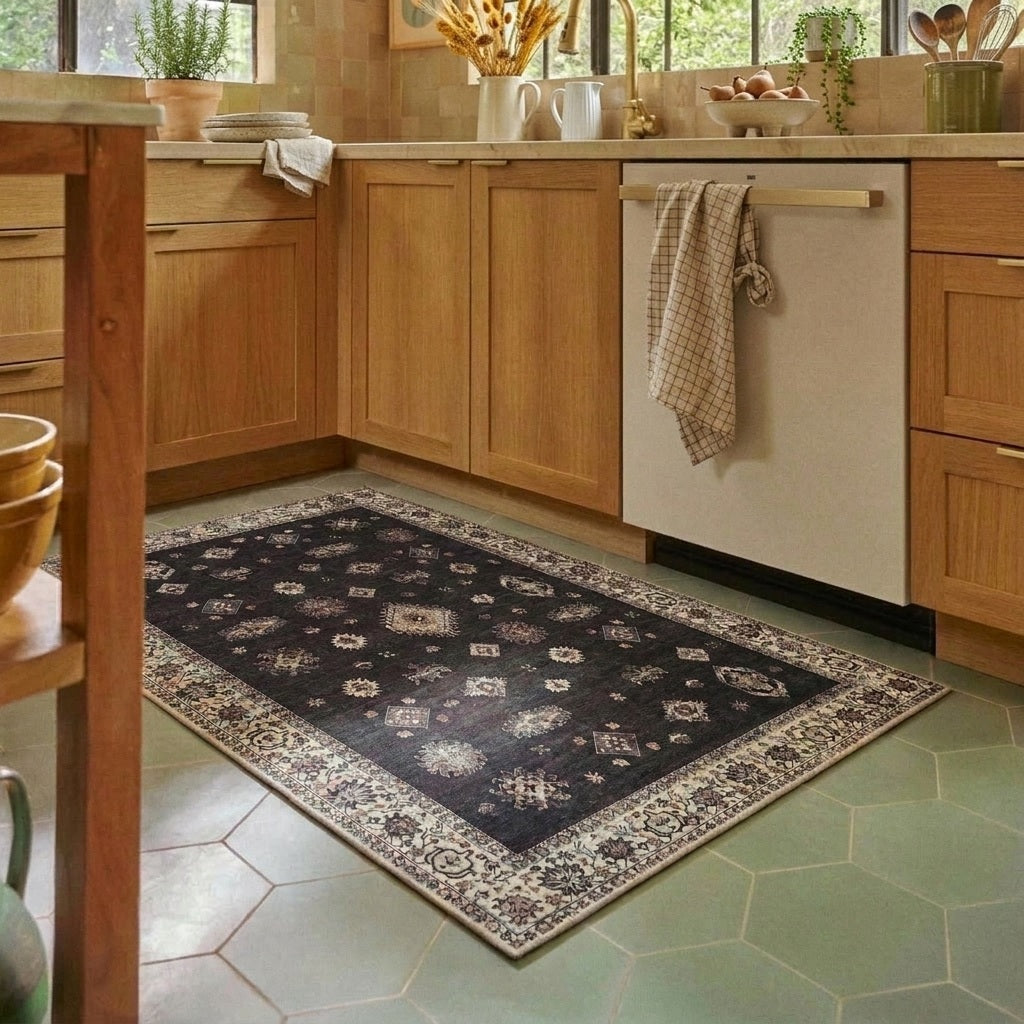 Kitchen styled with a washable rug
